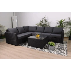 Ottoman Loungeset Met Salontafel - Wicker Set - Zwart